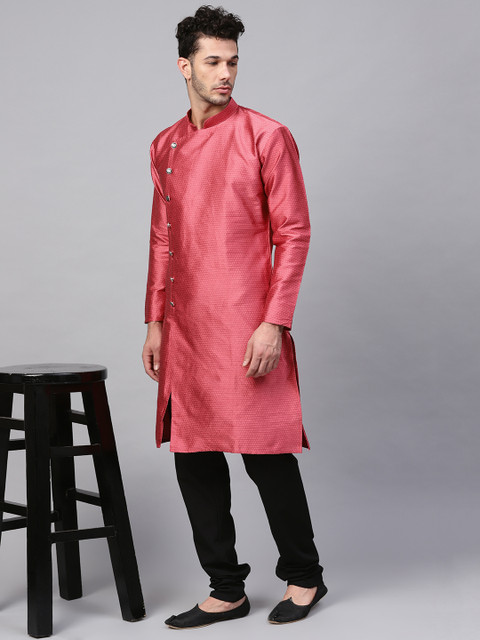 

SOJANYA Men Pink & Black Self Design Angrakha Straight Kurta with Churidar