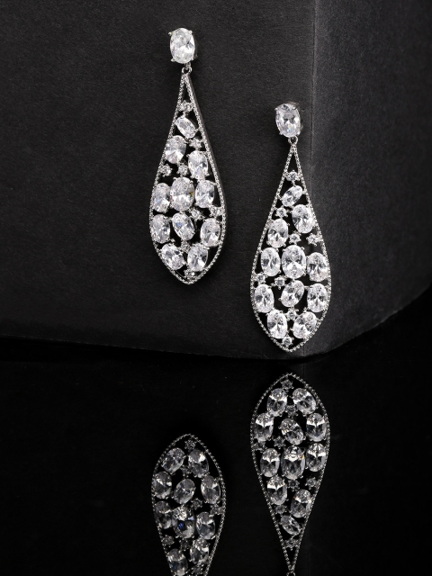 

Carlton London Silver-Toned Rhodium-Plated CZ Studded Teardrop Shaped Drop Earrings