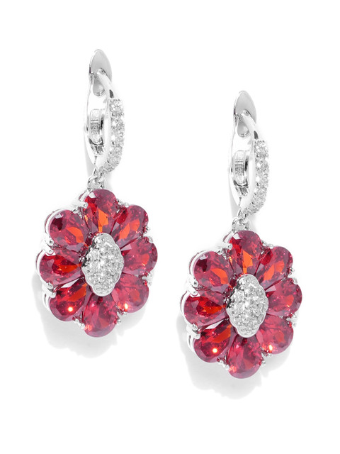 

Carlton London Silver-Toned & Red Rhodium-Plated CZ Studded Floral Drop Earrings