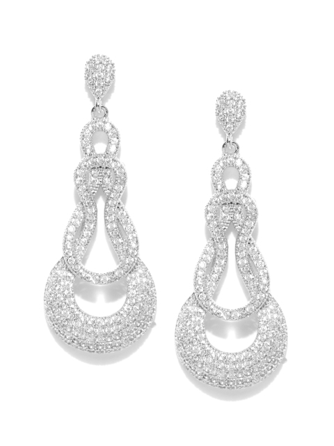 

Carlton London Silver-Toned Rhodium-Plated CZ Studded Teardrop Shaped Drop Earrings