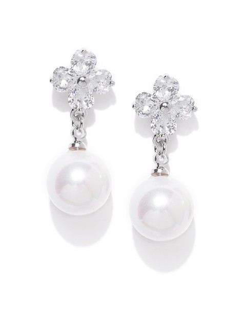 

Carlton London Silver-Toned & White Rhodium Plated Stone-Studded Floral Drop Earrings