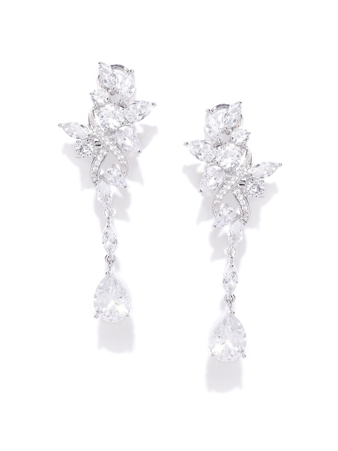 

Carlton London Silver-Toned Rhodium-Plated CZ Studded Contemporary Drop Earrings