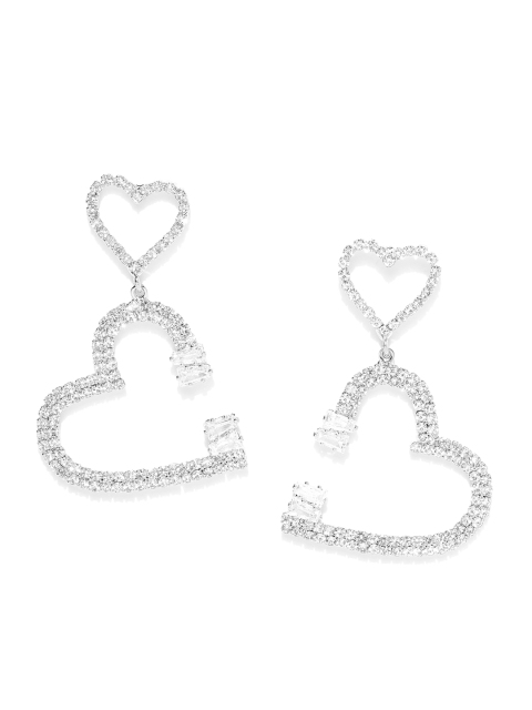 

Carlton London Silver-Toned Rhodium-Plated CZ Studded Heart Shaped Drop Earrings