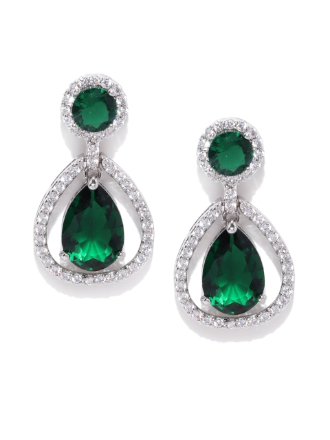 

Carlton London Silver-Toned & Green Rhodium-Plated CZ Studded Drop Earrings