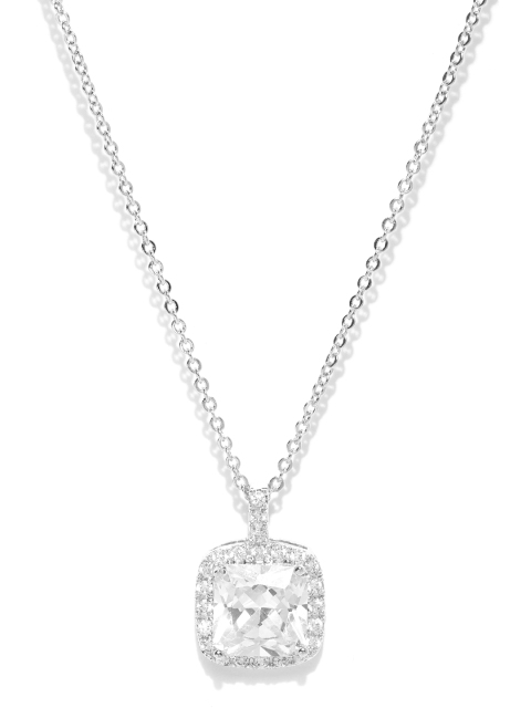 

Carlton London Silver-Toned Rhodium-Plated CZ-Studded Square Pendant with Chain