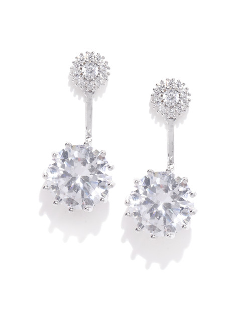 

Carlton London Silver-Toned Circular Rhodium-Plated CZ Studded Drop Earrings