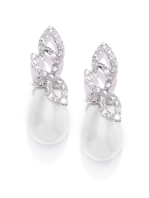 

Carlton London Silver-Toned & White Rhodium-Plated Teardrop Shaped Drop Earrings