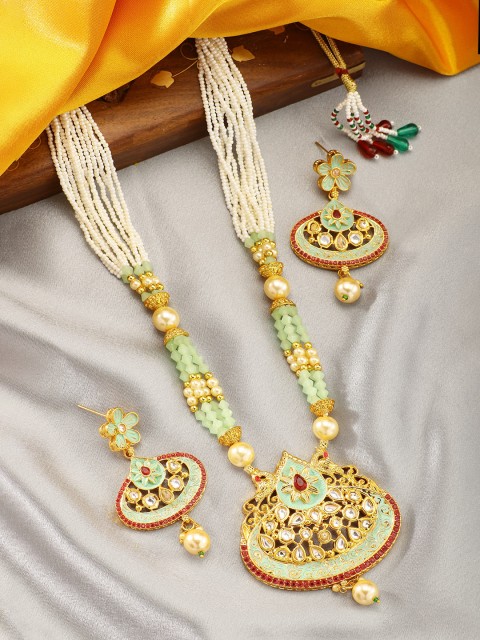 

Peora Women 18K Gold-Plated Sea Green Kundan-Studded Meena Work Traditional Jewellery Set