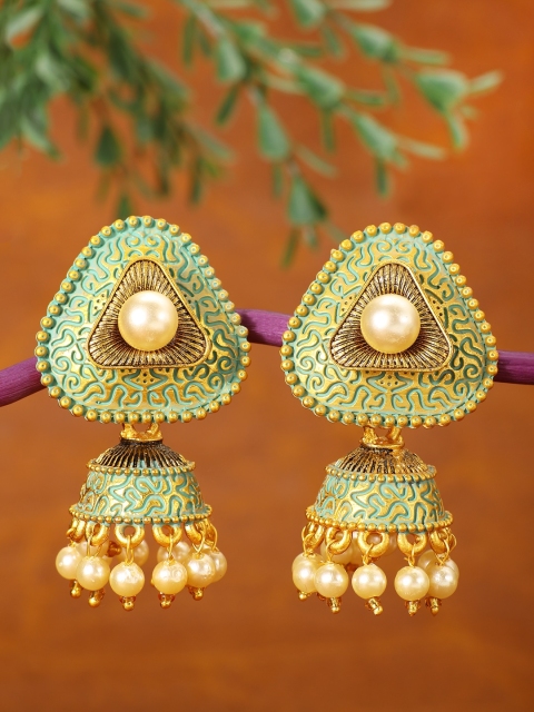 

Peora Women 18K Gold-Plated Sea Green Meenakari Hand Painted Contemporary Jhumkas