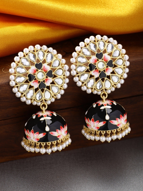 

Peora Gold-Plated Black Dome Shaped Meenakari Handcrafted Kundan Pearl Jhumkas