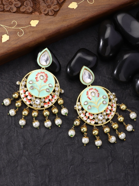 

Peora Women 18K Gold-Plated Sea Green Meenakari Kundan-Studded Contemporary Jhumkas