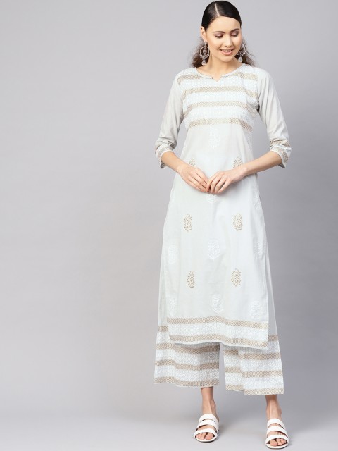 

Nayo Women Grey & Golden Block Print Kurta with Palazzos