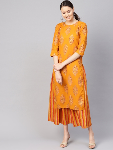 

Nayo Women Mustard Yellow & Pink Printed Kurta with Skirt