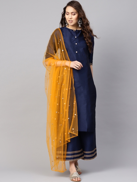 

Nayo Women Navy Blue & Mustard Yellow Solid Kurta with Palazzos & Dupatta