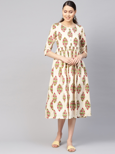 

Nayo Women Off-White & Green Printed Midi Fit and Flare Dress