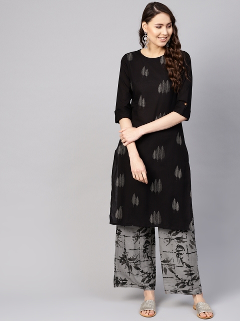 

Nayo Women Black & Grey Printed Kurta with Trousers