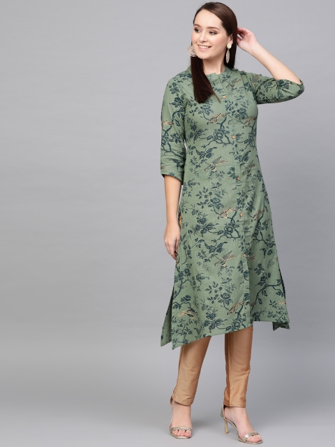 

Nayo Women Green & Golden Floral Print Straight Kurta
