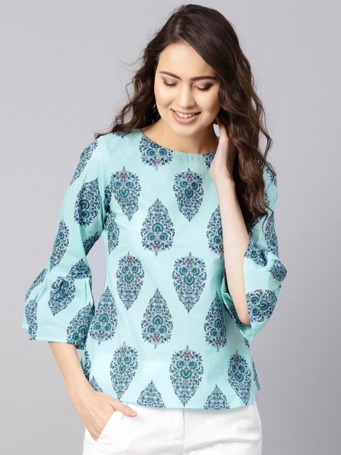 

Nayo Women Blue Printed Regular Pure Cotton Top