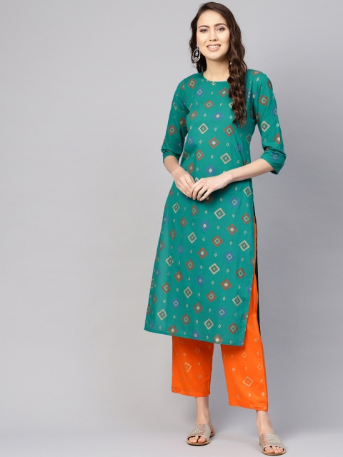 

Nayo Women Green & Orange Printed Kurta with Palazzos