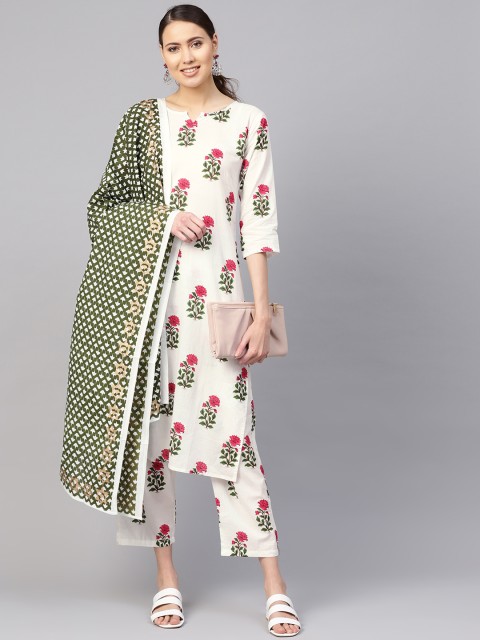 

Nayo Women White & Green Printed Kurta with Trousers & Dupatta