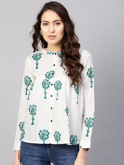 

Nayo Women White & Green Printed Shirt Style Top