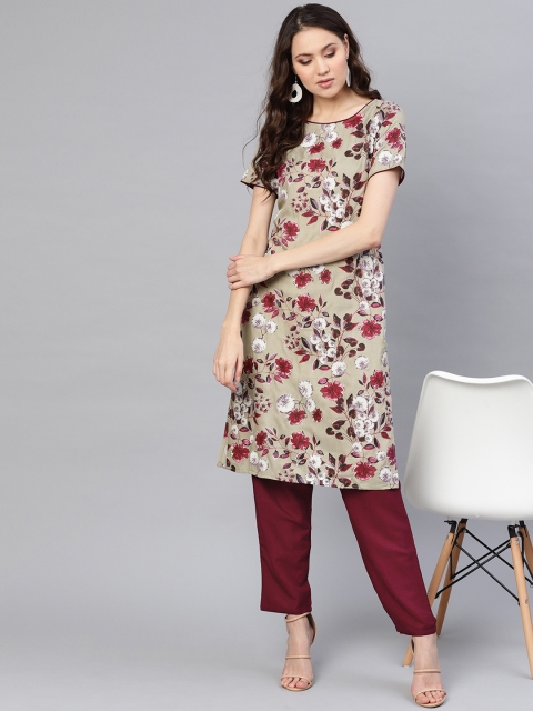 

Nayo Women Grey & Burgundy Printed Kurta with Trousers
