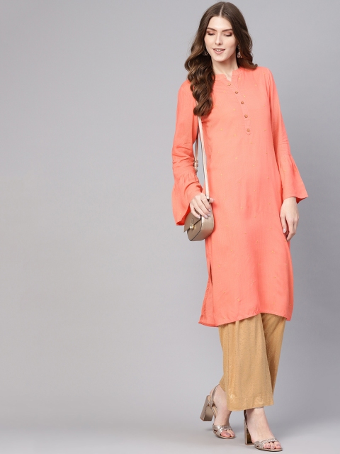 

Nayo Women Peach-Coloured Woven Design Straight Kurta