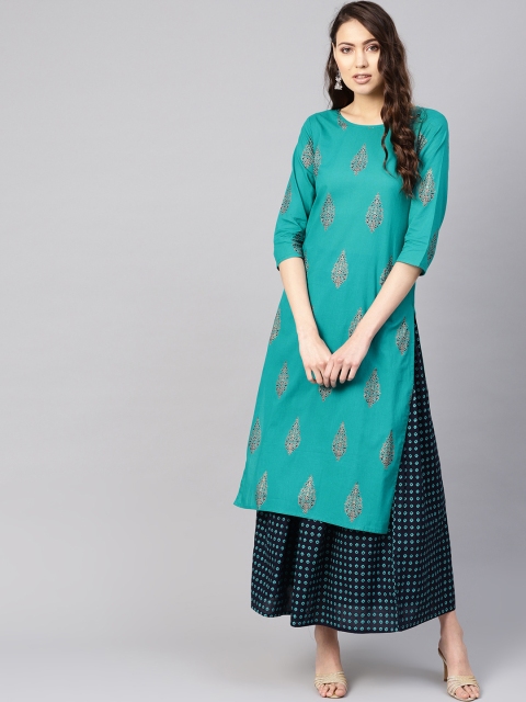 

Nayo Women Green & Navy Blue Printed Kurta with Skirt