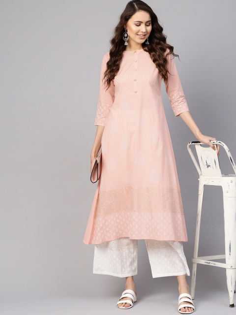 

Nayo Women Peach-Coloured & White Block Print Kurta with Palazzos