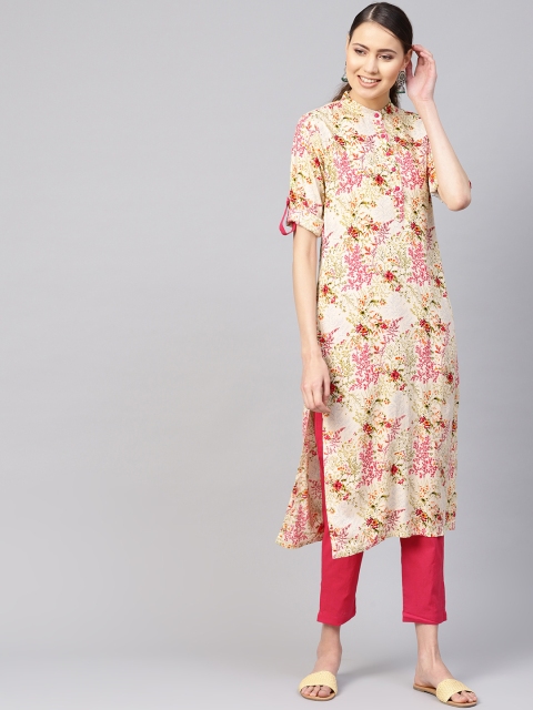 

Nayo Women Cream-Coloured & Pink Printed Kurta with Trousers