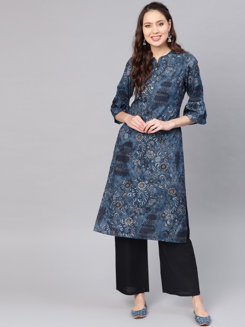 

Nayo Women Navy Blue & Golden Floral Print Straight Kurta