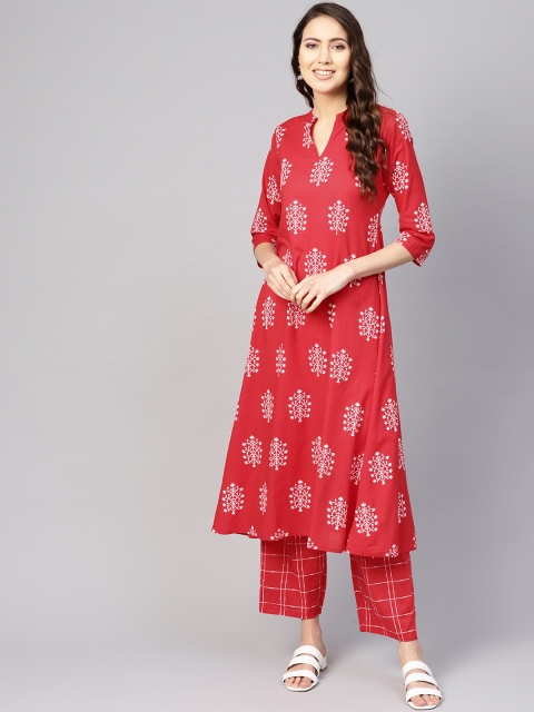 

Nayo Women Red & White Printed Kurta with Trousers