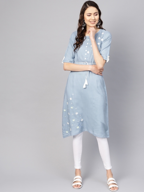 

Nayo Women Blue Floral Embroidered A-Line Kurta