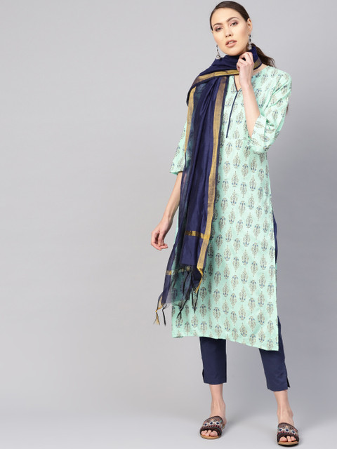 

Nayo Women Sea Green & Navy Blue Printed Kurta with Trousers & Dupatta