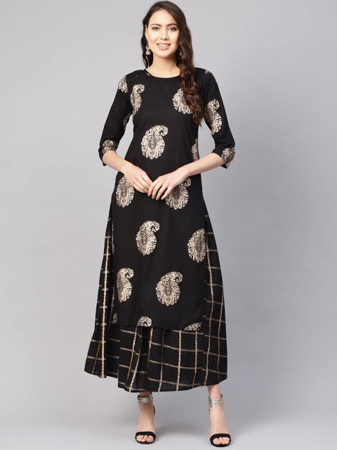 

Nayo Women Black & Golden Printed Kurta with Skirt