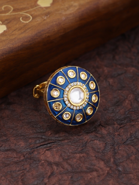 

Traditional 18K Gold Plated Navy Blue Meena Work Kundan Pearl Adjustable Ring