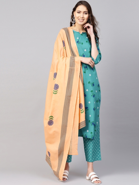 

Nayo Women Green & Peach-Coloured Printed Kurta with Trousers & Dupatta