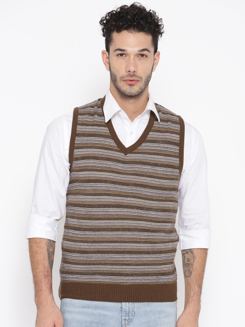 

Pierre Carlo Men Olive Brown & Off-White Striped Sweater Vest