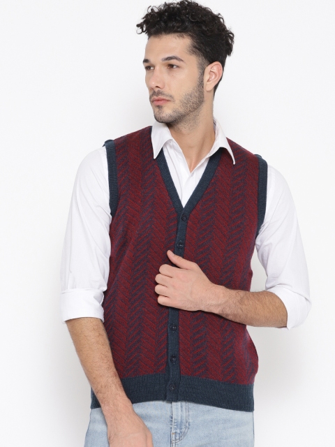 

Pierre Carlo Men Maroon & Navy Blue Self Design Cardigan