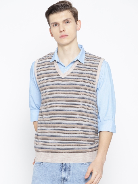 

Pierre Carlo Men Beige & Brown Striped Sweater Vest