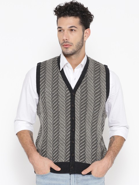 

Pierre Carlo Men Cream-Coloured & Charcoal Grey Self Design Cardigan