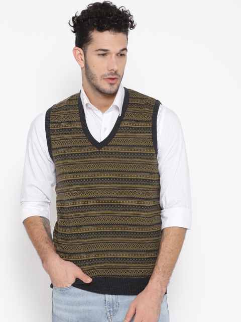 

Pierre Carlo Men Olive Green & Charcoal Grey Self Design Sweater Vest