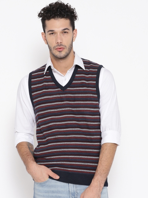 

Pierre Carlo Men Navy Blue & Red Striped Sweater Vest