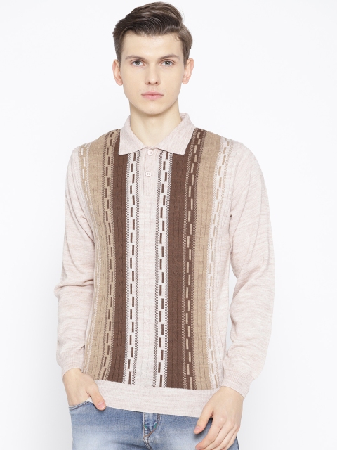 

Pierre Carlo Men Peach-coloured & Brown Striped Cable Knit Sweater