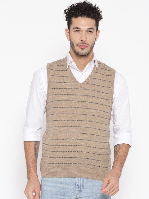 

Pierre Carlo Men Beige & Navy Blue Striped Sweater Vest