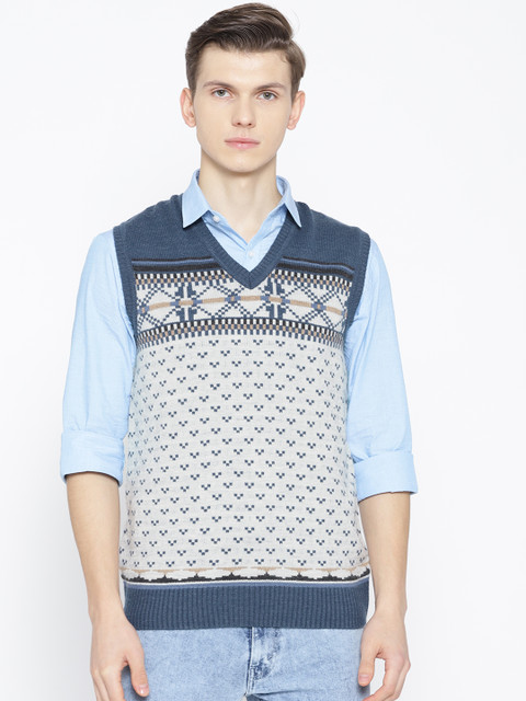

Pierre Carlo Men Off-White & Blue Self Design Sweater Vest