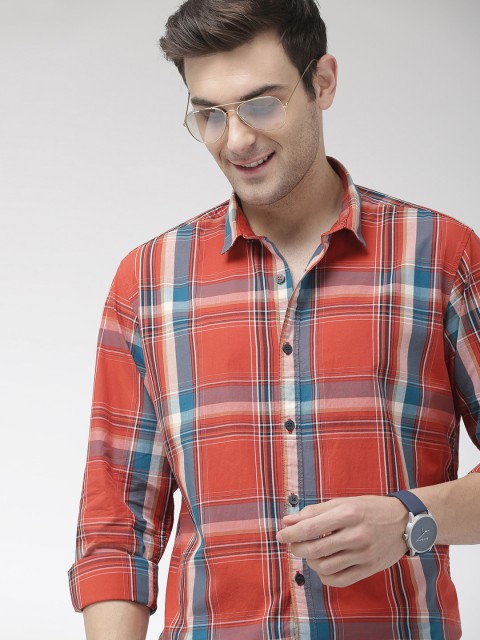 

Mast & Harbour Men Rust Red & Blue Regular Fit Checked Casual Shirt