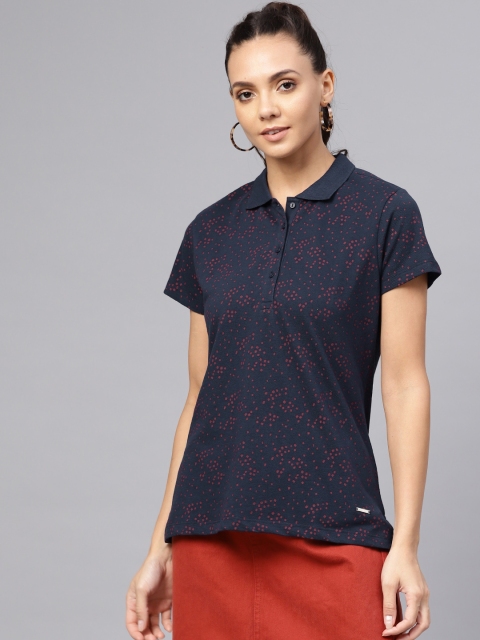 

Van Heusen Woman Women Navy Blue & Maroon Printed Polo Collar T-shirt