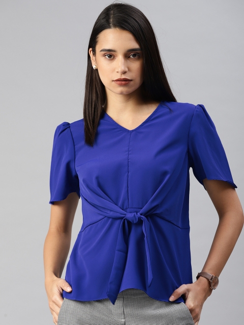 

Van Heusen Woman Women Blue Solid Cinched Waist Semi-fit Formal Top