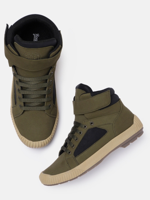 

The Roadster Lifestyle Co Men Olive Green Perforations Mid-Top Sneakers